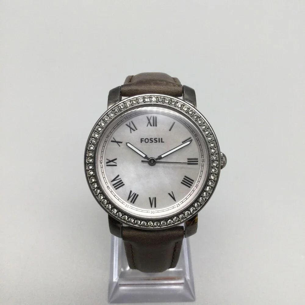Fossil Emma ES3148 Womens Watch 38mm MOP Brown Leather Crystals New Battery